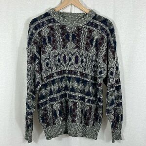 Method Vintage Crew Neck Geo Print Gray Blue Pullover Sweater Mens Size Large